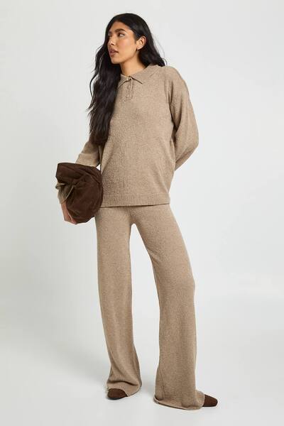  Boohoo Tall Collared Button Down Oversized Knitted Jumper And Straight Leg Trouser Co-ord, Taupe 