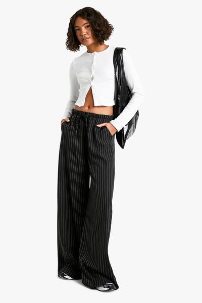  Boohoo Tall Drawstring Stripe Wide Leg Trousers, Black 