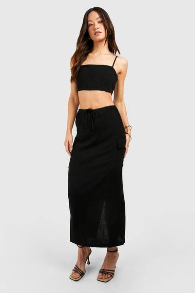  Boohoo Tall Linen Look Pocket Midaxi Skirt, Black 