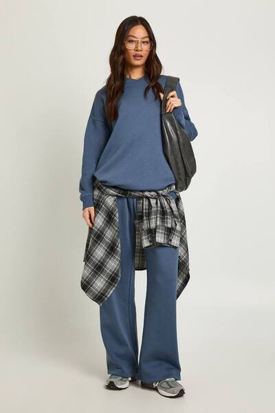  Boohoo Tall Neck Detail Sweatshirt Wide Leg Tracksuit Tracksuit, Navy 