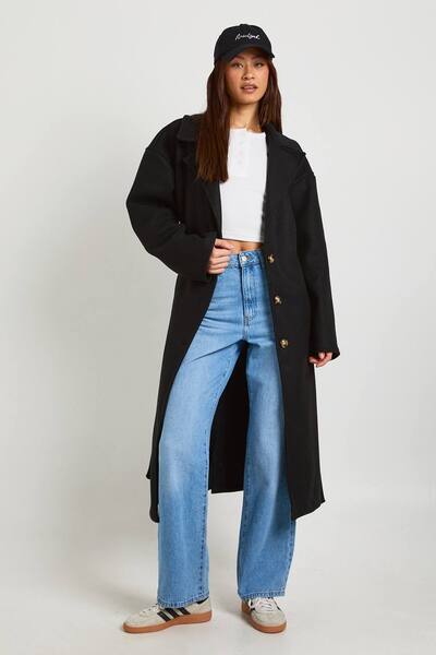 Boohoo Tall Oversized Belted Button Through Wool Look Coat, Black 