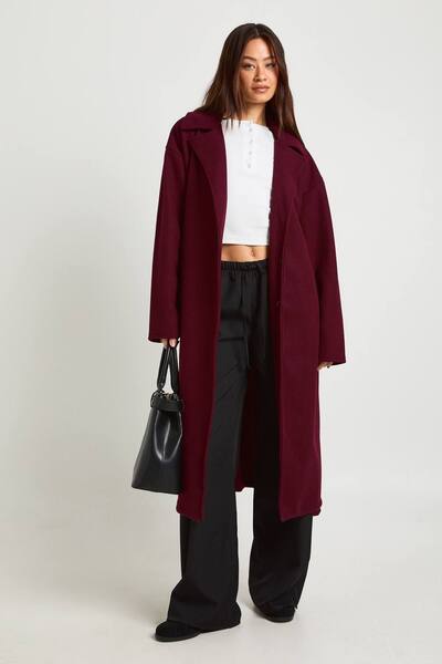  Boohoo Tall Oversized Belted Button Through Wool Look Coat, Burgundy 