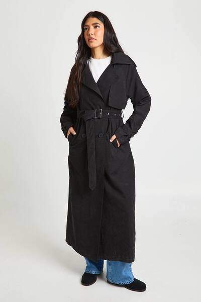  Boohoo Tall Peached Oversized Double Breast Trench Coat, Black 