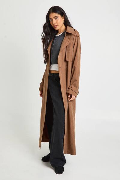  Boohoo Tall Peached Oversized Double Breast Trench Coat, Chocolate 