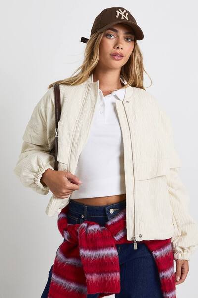  Boohoo Textured Collarless Bomber Jacket, Cream 