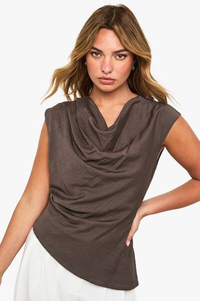  Boohoo Textured Woven High Neck Blouse, Khaki 