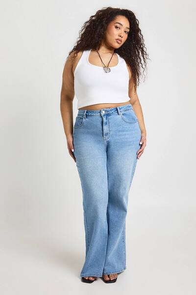  Boohoo The Plus High Waist Flare Jean, Mid Blue 