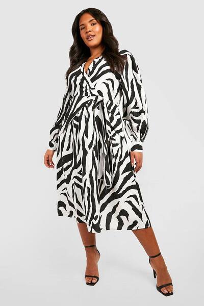  Boohoo The Plus Printed Midi Skater Dress, Black 
