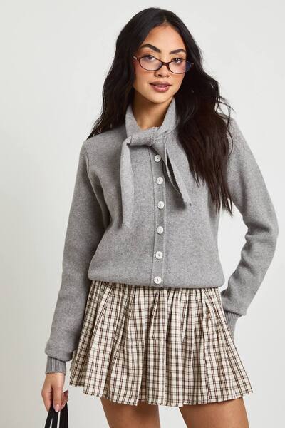  Boohoo Tie Neck Button Through Cardigan Sweater, Grey 