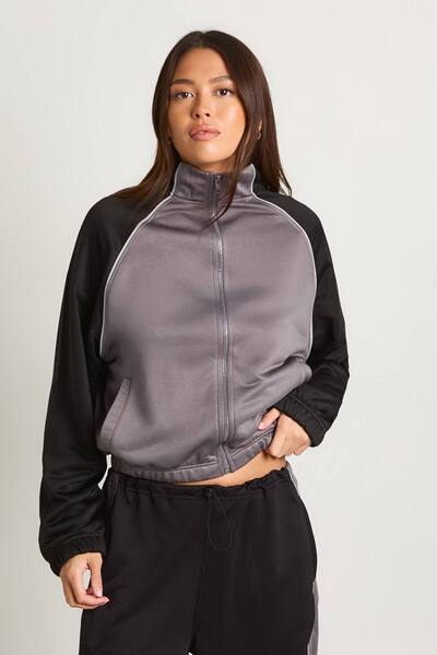  Boohoo Tricot Contrast Panelled Track Jacket, Charcoal 