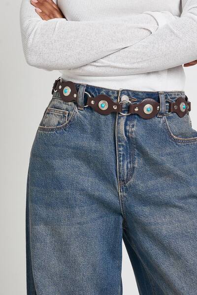  Boohoo Turquoise Beaded Trim Detail Western Belt, Chocolate 