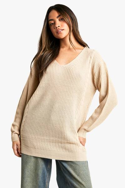  Boohoo V Neck Oversized Jumper, Oatmeal 
