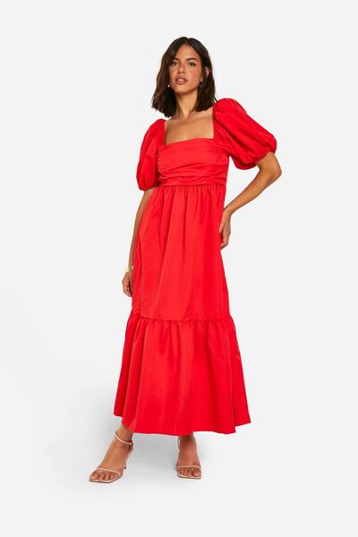  Boohoo Volume Puff Sleeve Midaxi Dress, Red 