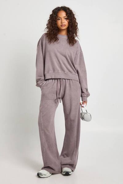  Boohoo Washed Ribbed Detail Straight Leg Tracksuit, Grape 