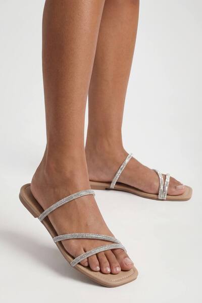  Boohoo Wide Fit Diamante Strappy Sliders, Silver 