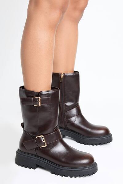  Boohoo Wide Fit Double Buckle Biker Boots, Brown 