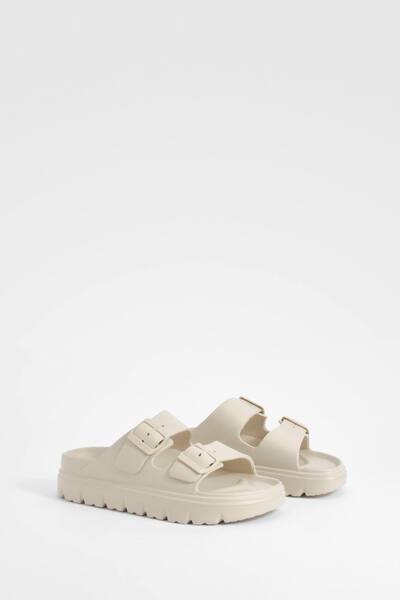  Boohoo Wide Fit Double Strap Buckle Sliders, Beige 