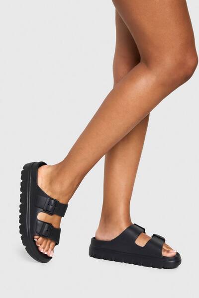  Boohoo Wide Fit Double Strap Buckle Sliders, Black 