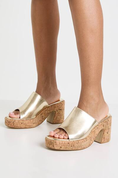  Boohoo Wide Fit Strap Cork Platform, Gold 