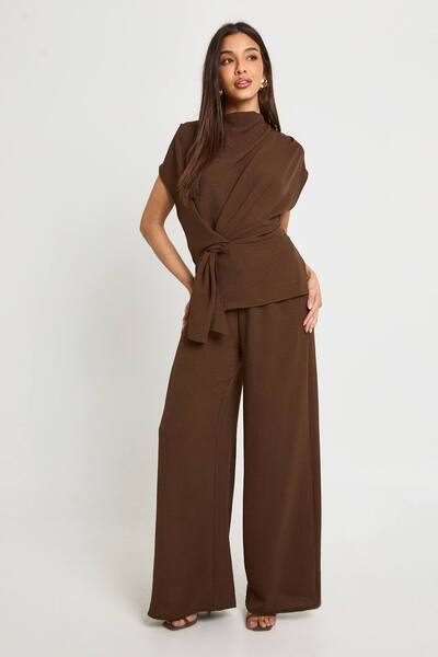  Boohoo Woven Drape Blouse & Trouser Co-ord, Espresso 