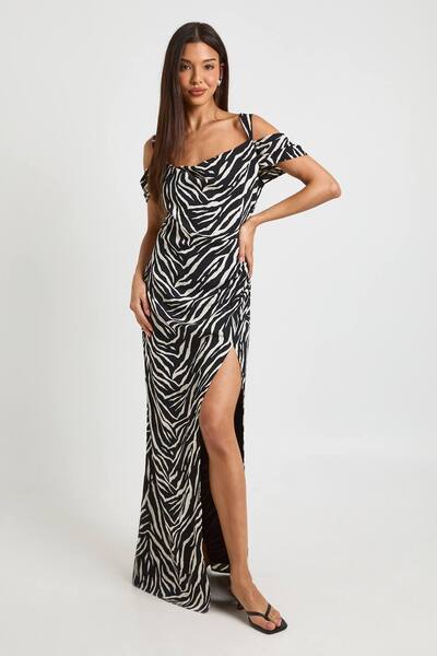  Boohoo Zebra Print Chiffon Cold Shoulder Ruched Side Maxi Dress, Black/white 
