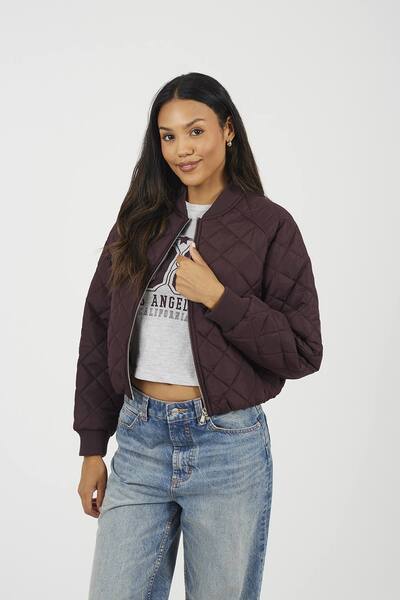  Brave Soul Diamond Quilted Bomber Jacket, Burgundy 