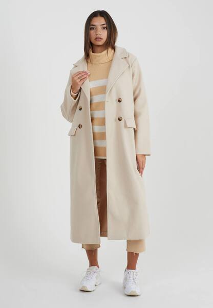  Brave Soul Double Breasted Faux Wool Longline Coat, Cream 