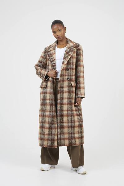  Brave Soul Double Breasted Faux Wool Maxi Check Coat, Brown 