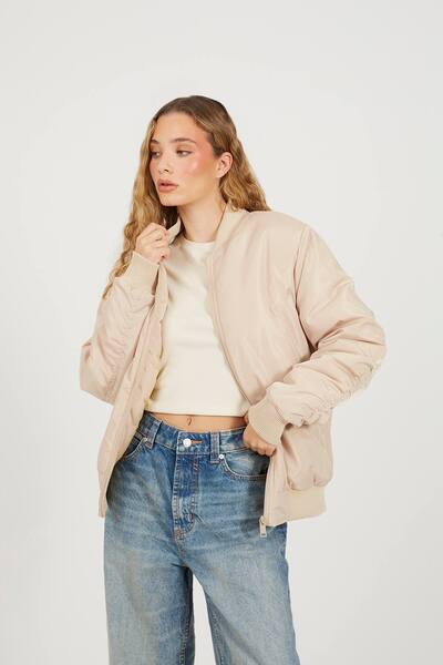  Brave Soul Ruched Sleeve Oversized Bomber Jacket, Stone 