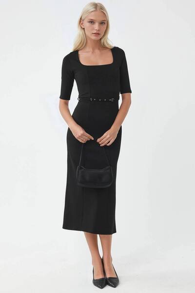  Busem Belted Midi Dress With Square Collar, Black 