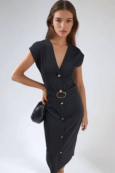  Busem Belted Midi Dress With V-neck, Black 