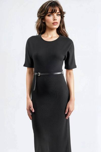  Busem Belted Short Sleeve Midi Dress, Black 