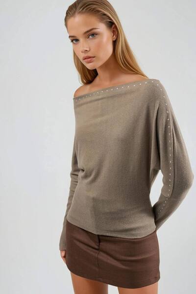  Busem Boat Neck Blouse With Stone Accessory, Light Brown 