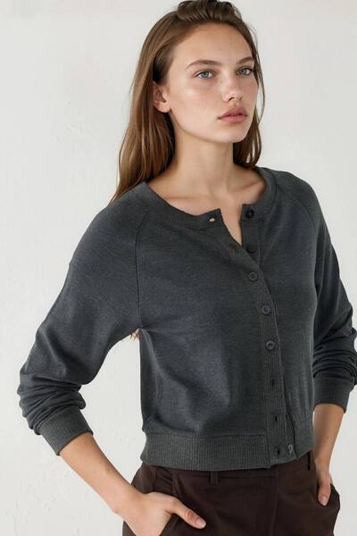  Busem Crew Neck Buttoned Cardigan Sweater, Charcoal 