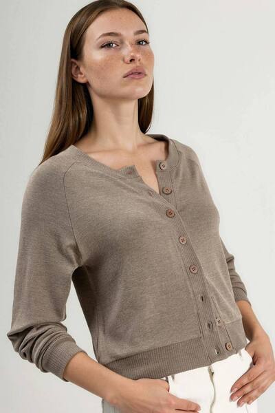  Busem Crew Neck Buttoned Cardigan Sweater, Light Brown 