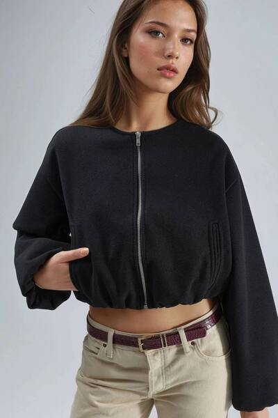  Busem Crop Gabardine Jacket With Zipper And Pocket, Black 