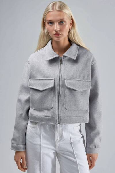  Busem Crop Gabardine Jacket With Zipper And Pocket, Grey 