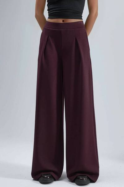  Busem Elastic Waist Pleated Palazzo Pants, Burgundy 