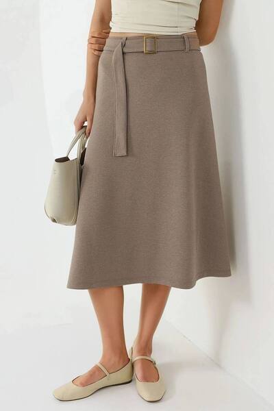  Busem High Waist Midi Skirt With Arched Detail, Beige 