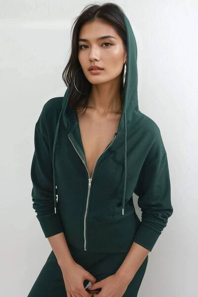  Busem Hooded Long Sleeve Zipper Jacket, Dark Green 