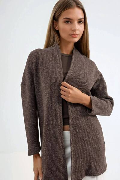  Busem Long Ribbed Knit Cardigan Sweater With Open Collar, Chocolate 