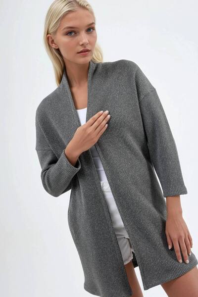  Busem Long Ribbed Knit Cardigan Sweater With Open Collar, Dark Grey 