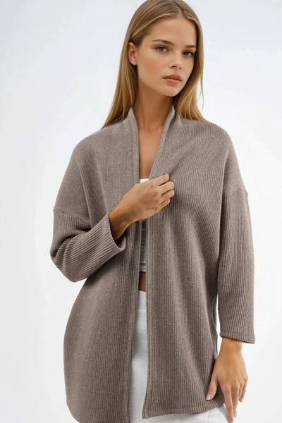  Busem Long Ribbed Knit Cardigan Sweater With Open Collar, Tan 