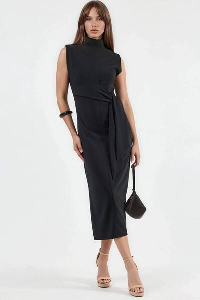  Busem Midi Dress With Tie Detail, Black 