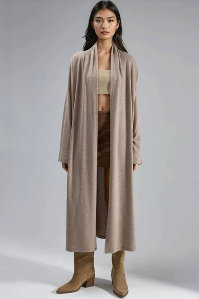  Busem Relaxed Fit Longline Open-front Shawl Collar Knit Cardigan Sweater, Beige 