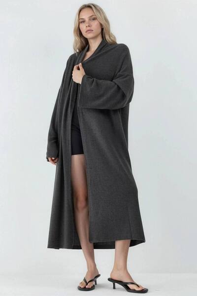  Busem Relaxed Fit Longline Open-front Shawl Collar Knit Cardigan Sweater, Dark Grey 