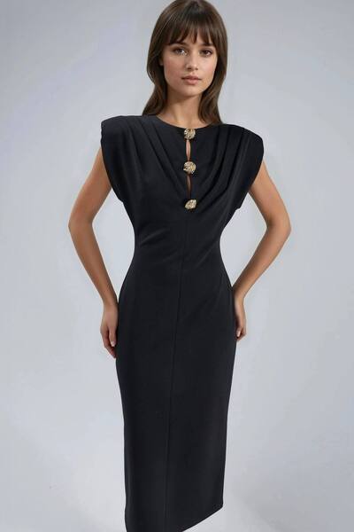  Busem Slim Fit Midi Dress With Accessory Detail, Black 