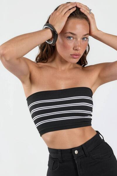  Busem Strapless Ribbed Striped Crop Top, Black 