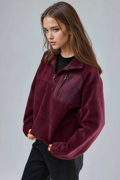  Busem Zipper Collar Plush Knit Sweatshirt With Pocket, Burgundy 