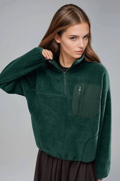  Busem Zipper Collar Plush Knit Sweatshirt With Pocket, Dark Green 